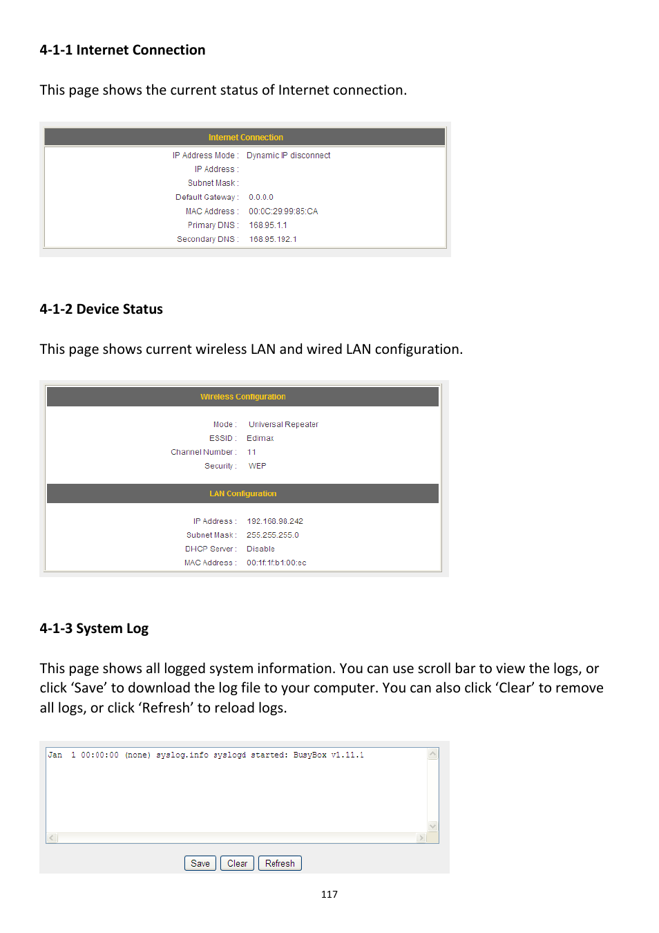 1-1 internet connection, 1-2 device status, 1-3 system log | Edimax Technology 3G-6218n User Manual | Page 118 / 125