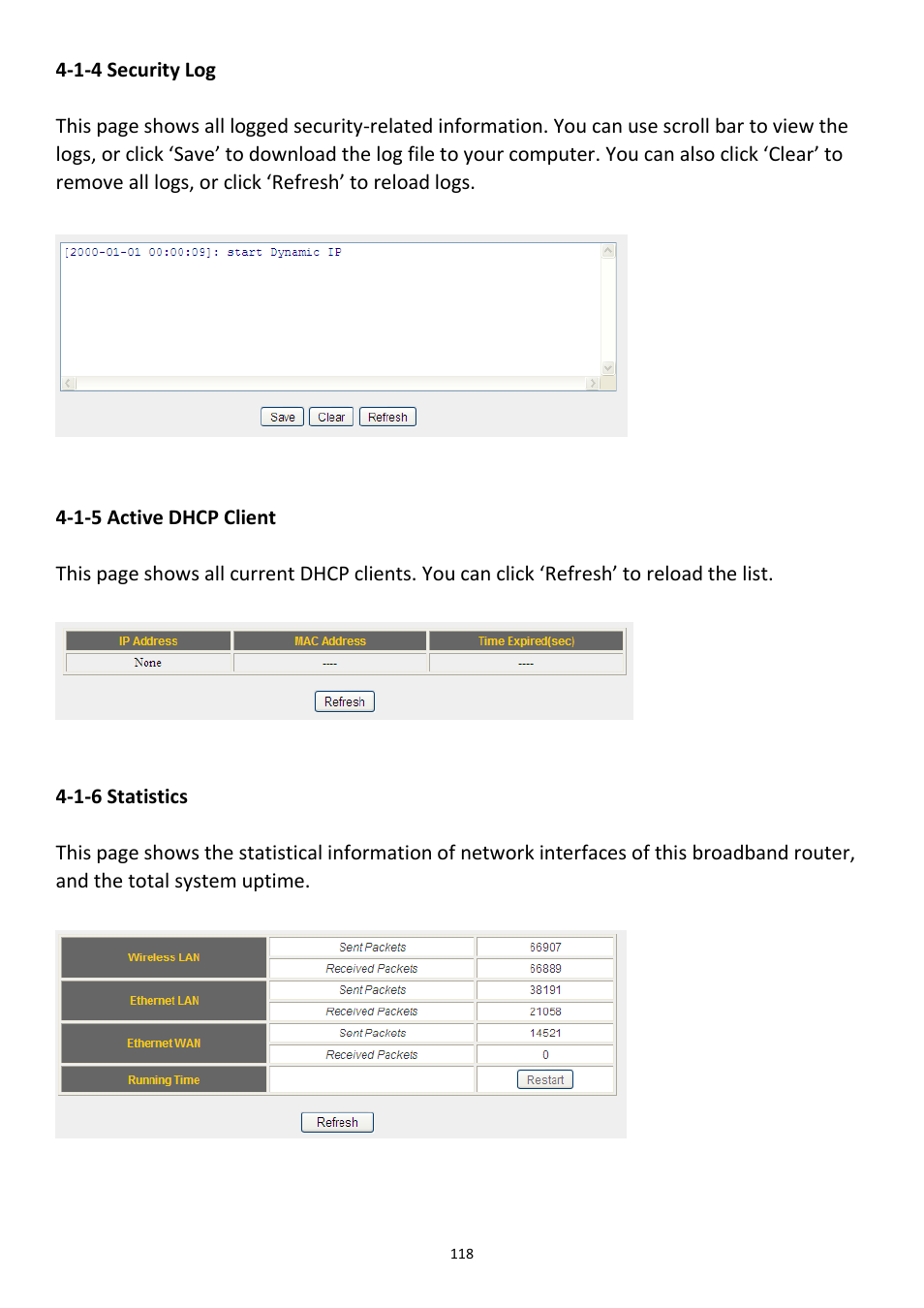 1-4 security log, 1-5 active dhcp client 4-1-6 statistics | Edimax Technology 3G-6218n User Manual | Page 119 / 125