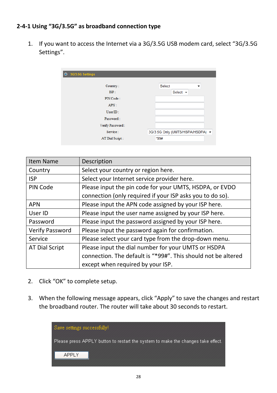 4-1 using “3g/3.5g” as broadband connection type | Edimax Technology 3G-6218n User Manual | Page 29 / 125