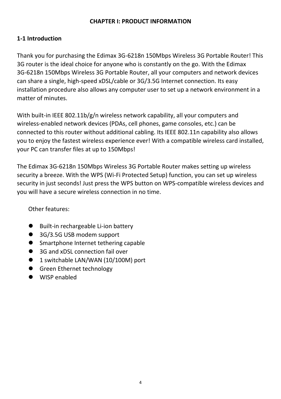 Chapter i: product information, 1 introduction | Edimax Technology 3G-6218n User Manual | Page 5 / 125