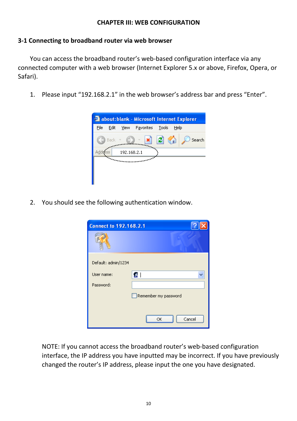 Chapter iii: web configuration, 1 connecting to broadband router via web browser | Edimax Technology AR-7211B User Manual | Page 11 / 61