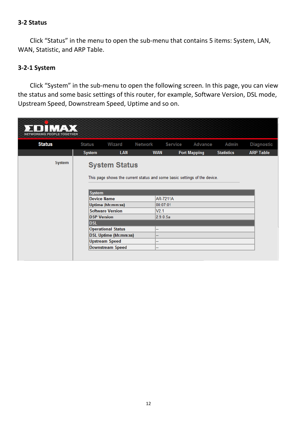 2 status, 2-1 system | Edimax Technology AR-7211B User Manual | Page 13 / 61
