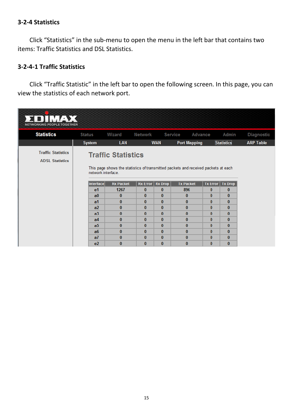 2-4 statistics, 2-4-1 traffic statistics | Edimax Technology AR-7211B User Manual | Page 16 / 61