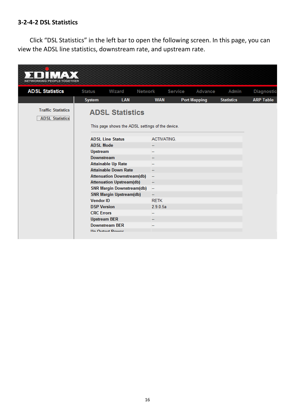 2-4-2 dsl statistics | Edimax Technology AR-7211B User Manual | Page 17 / 61