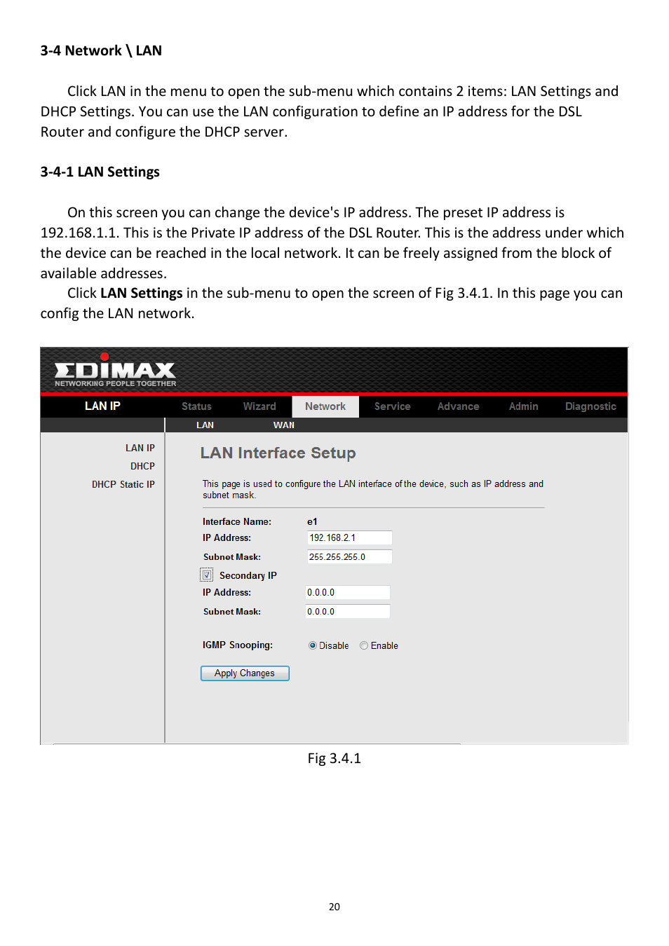 4 network \ lan, 4-1 lan settings | Edimax Technology AR-7211B User Manual | Page 21 / 61