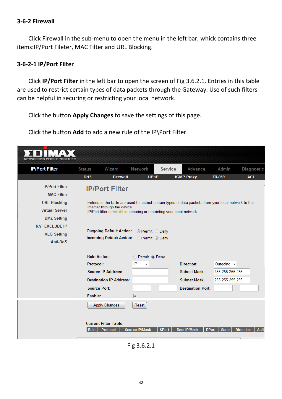 6-2 firewall, 6-2-1 ip/port filter | Edimax Technology AR-7211B User Manual | Page 33 / 61