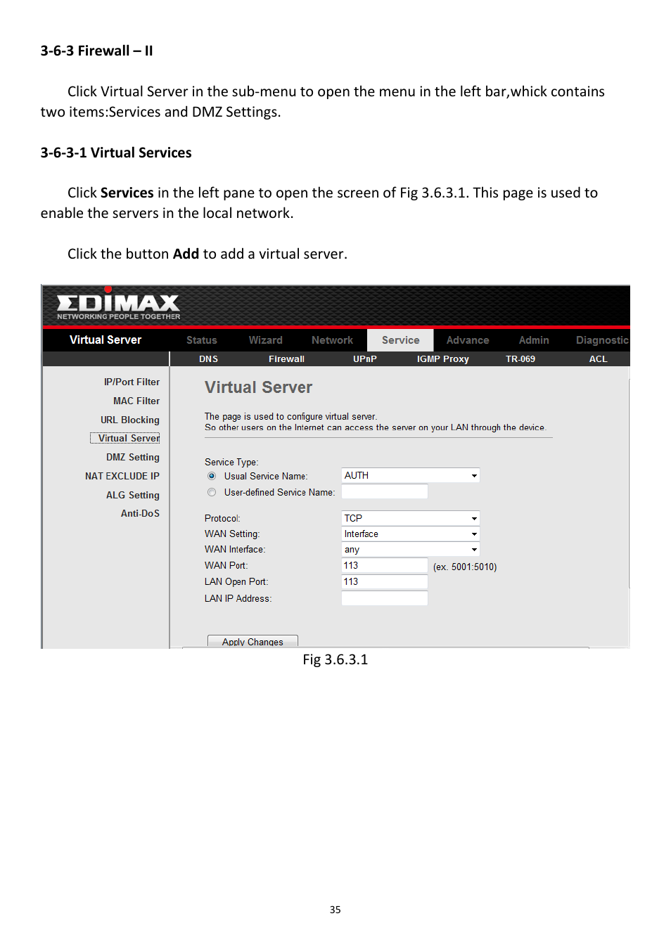 6-3 firewall – ii, 6-3-1 virtual services | Edimax Technology AR-7211B User Manual | Page 36 / 61