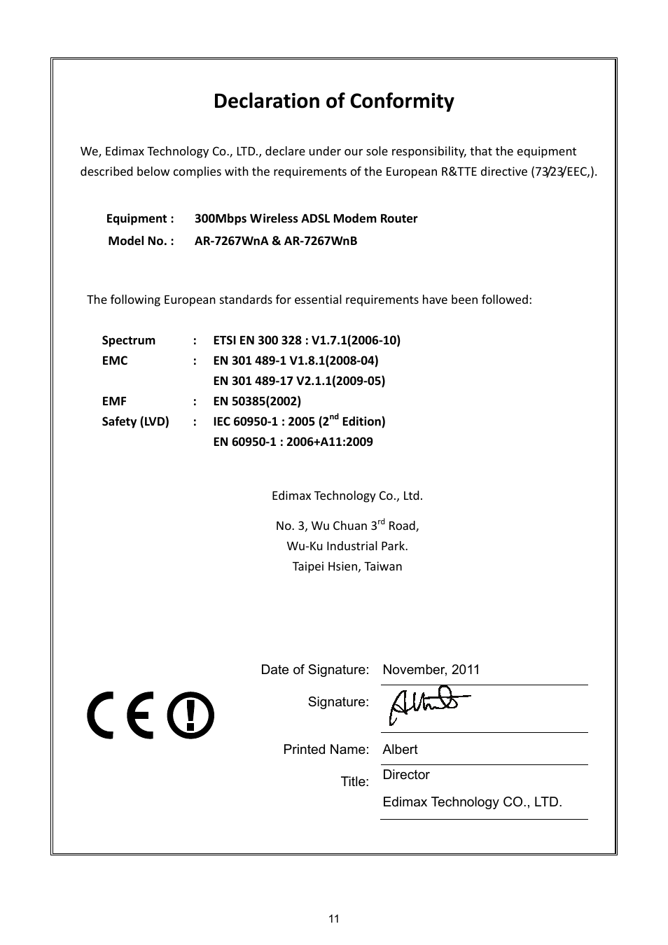 Declaration of conformity | Edimax Technology AR-7267WnB User Manual | Page 12 / 16