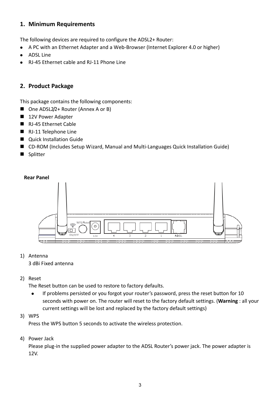 Minimum requirements, Product package | Edimax Technology AR-7267WnB User Manual | Page 4 / 16