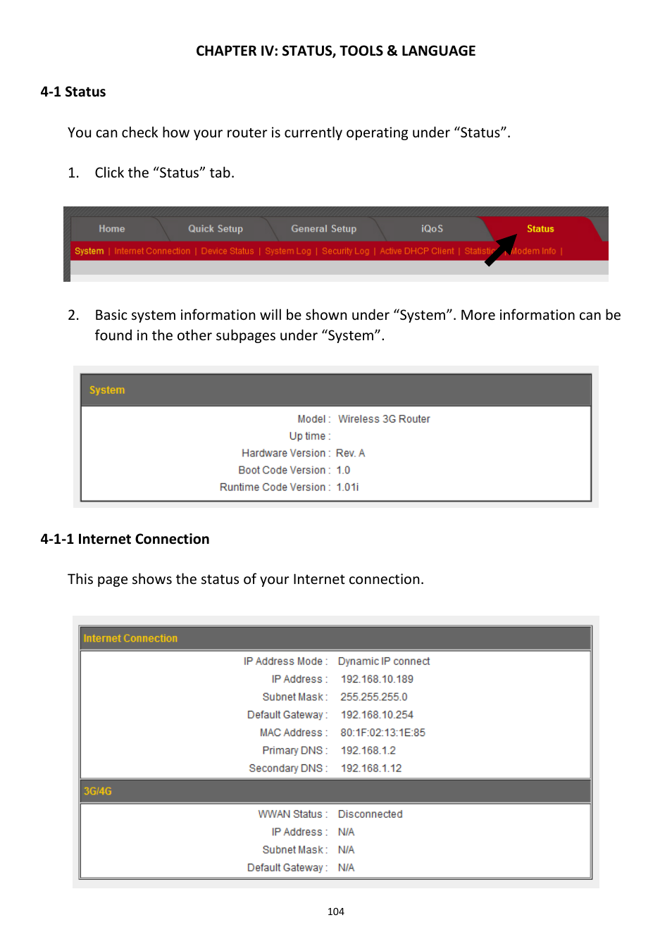 Chapter iv: status, tools & language, 1 status, 1-1 internet connection | Edimax Technology 3G-6408n User Manual | Page 105 / 113