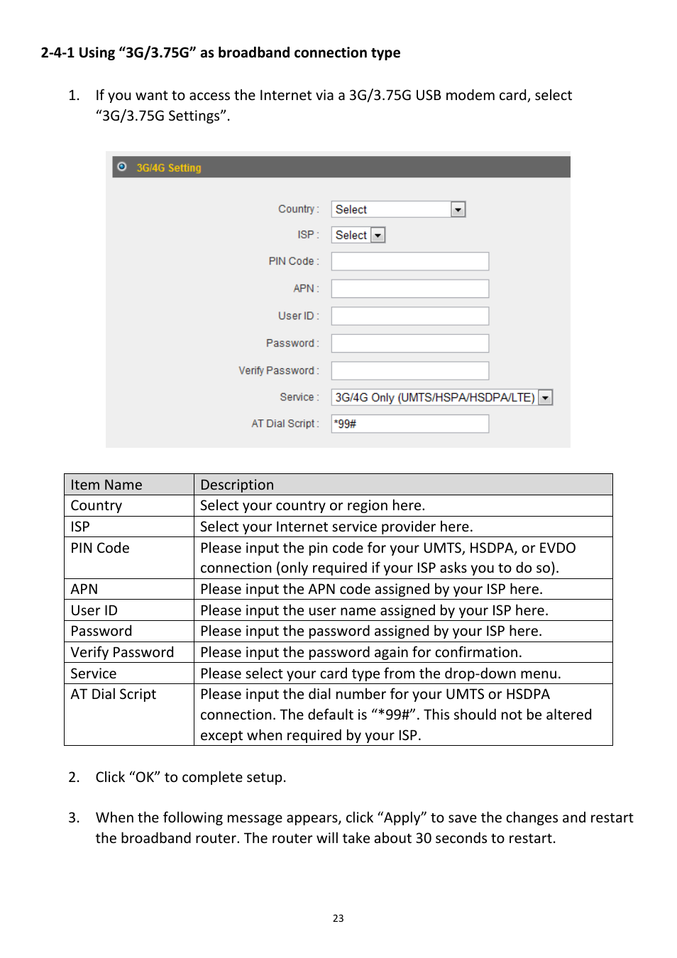 4-1 using “3g/3.75g” as broadband connection type | Edimax Technology 3G-6408n User Manual | Page 24 / 113
