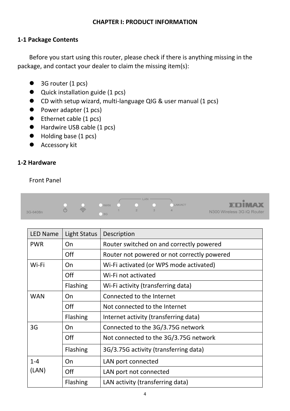 Chapter i: product information, 1 package contents, 2 hardware | Edimax Technology 3G-6408n User Manual | Page 5 / 113