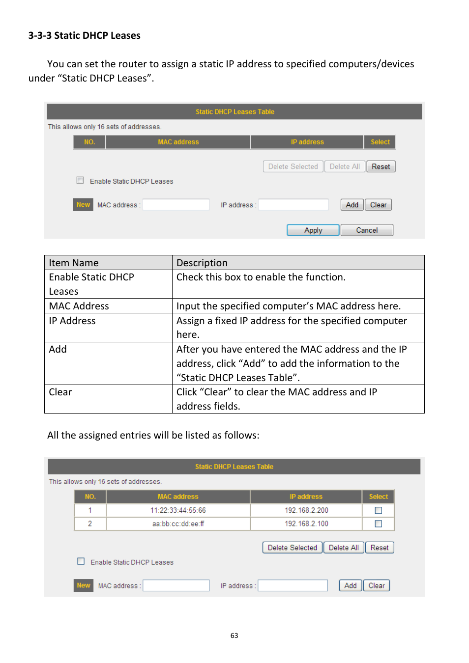 3-3 static dhcp leases | Edimax Technology 3G-6408n User Manual | Page 64 / 113