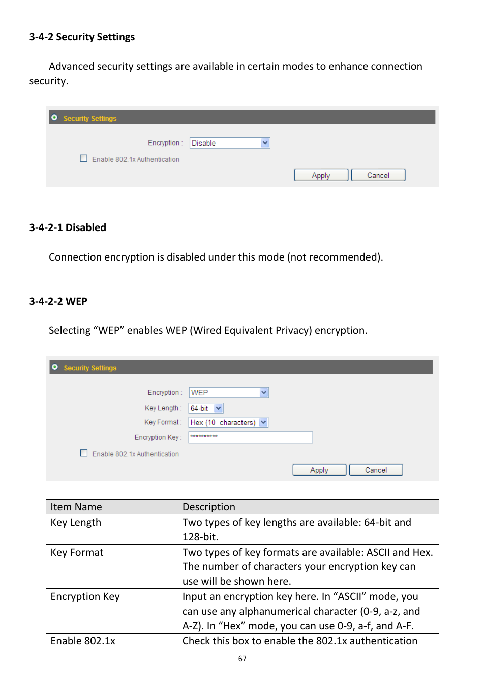 4-2 security settings, 4-2-1 disabled 3-4-2-2 wep | Edimax Technology 3G-6408n User Manual | Page 68 / 113
