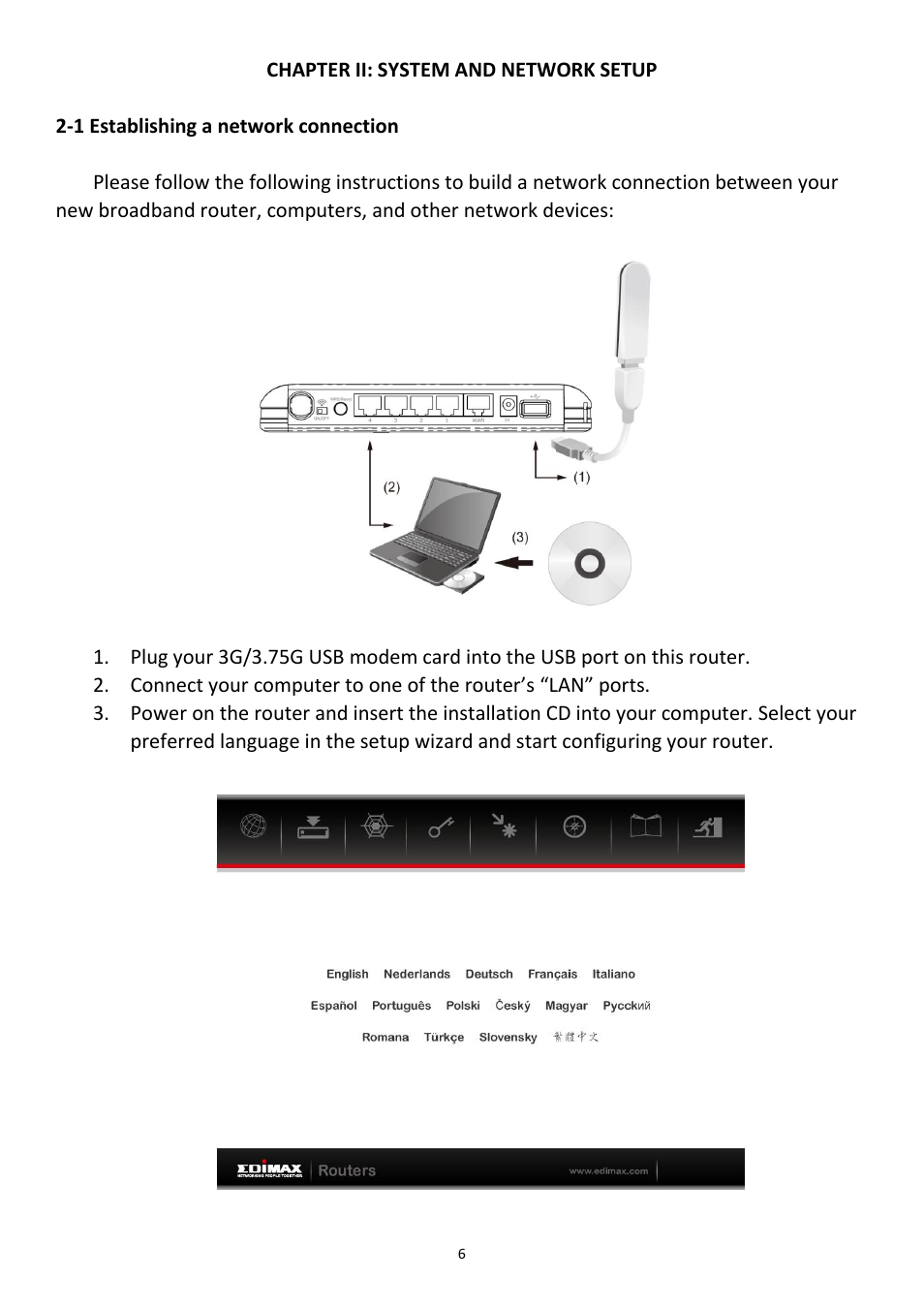 Chapter ii: system and network setup, 1 establishing a network connection | Edimax Technology 3G-6408n User Manual | Page 7 / 113