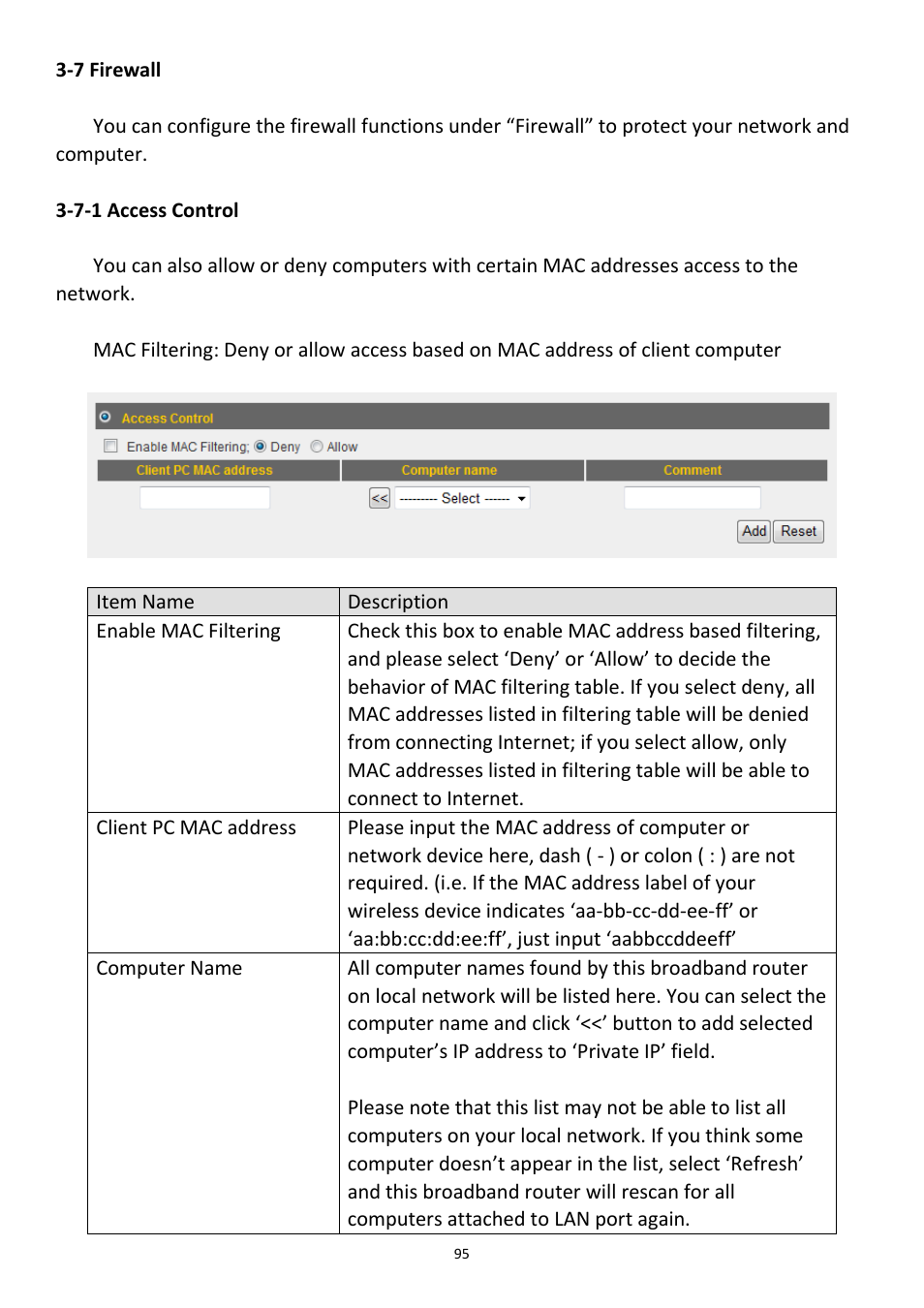 7 firewall, 7-1 access control | Edimax Technology 3G-6408n User Manual | Page 96 / 113