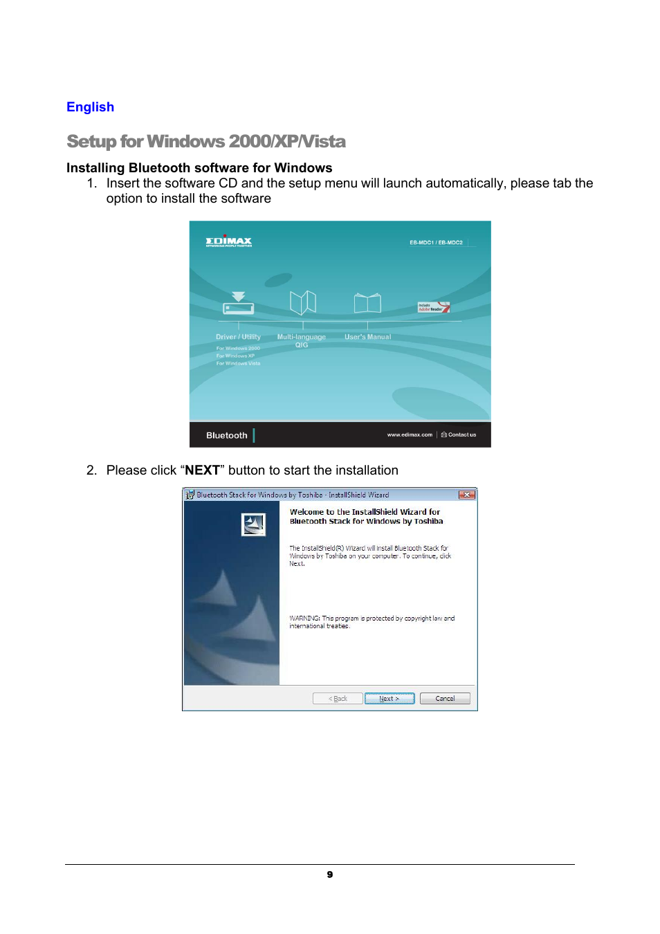 Setup for windows 2000/xp/vista | Edimax Technology EB-MDC2 User Manual | Page 9 / 42