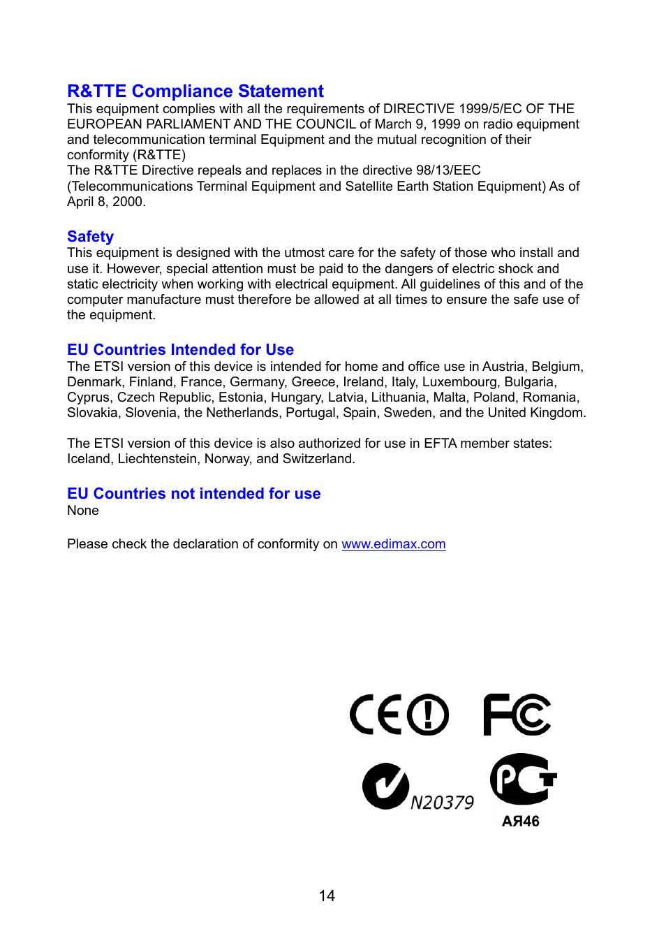 R&tte compliance statement | Edimax Technology EW-7722UTn User Manual | Page 15 / 16