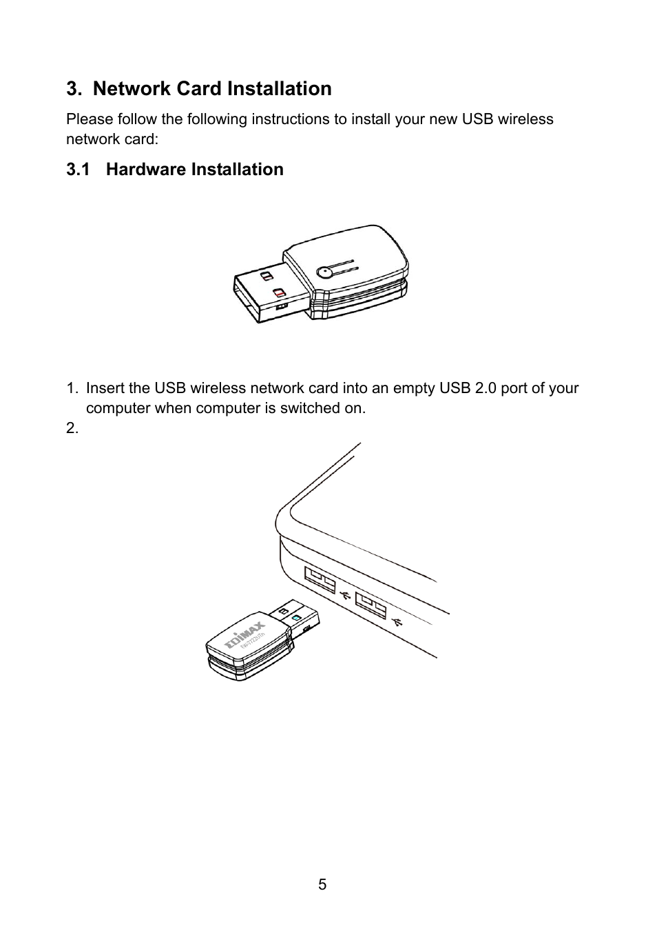 Network card installation, 1 hardware installation | Edimax Technology EW-7722UTn User Manual | Page 6 / 16