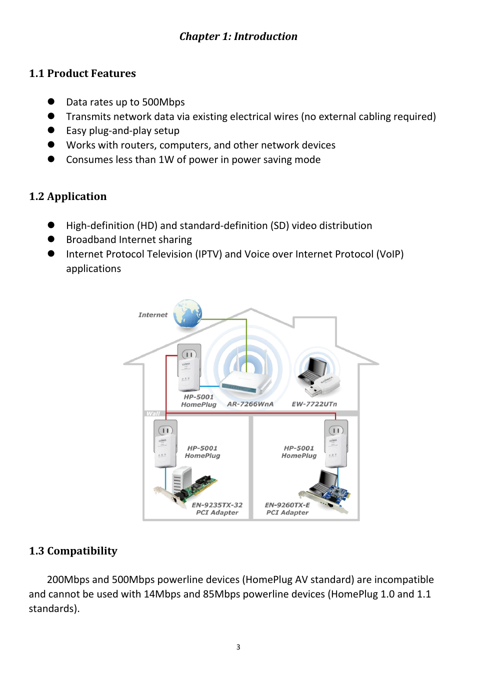 Chapter 1: introduction, 1 product features, 2 application | 3 compatibility | Edimax Technology HP-5001k User Manual | Page 4 / 22