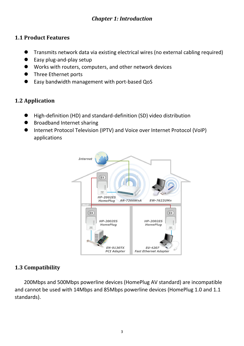 Chapter 1: introduction, 1 product features, 2 application 1.3 compatibility | Edimax Technology HP-2002ES User Manual | Page 4 / 21