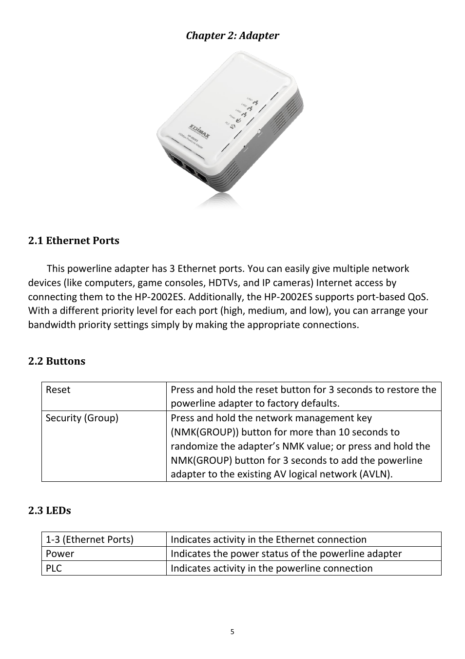 Chapter 2: adapter, 1 ethernet ports 2.2 buttons 2.3 leds | Edimax Technology HP-2002ES User Manual | Page 6 / 21