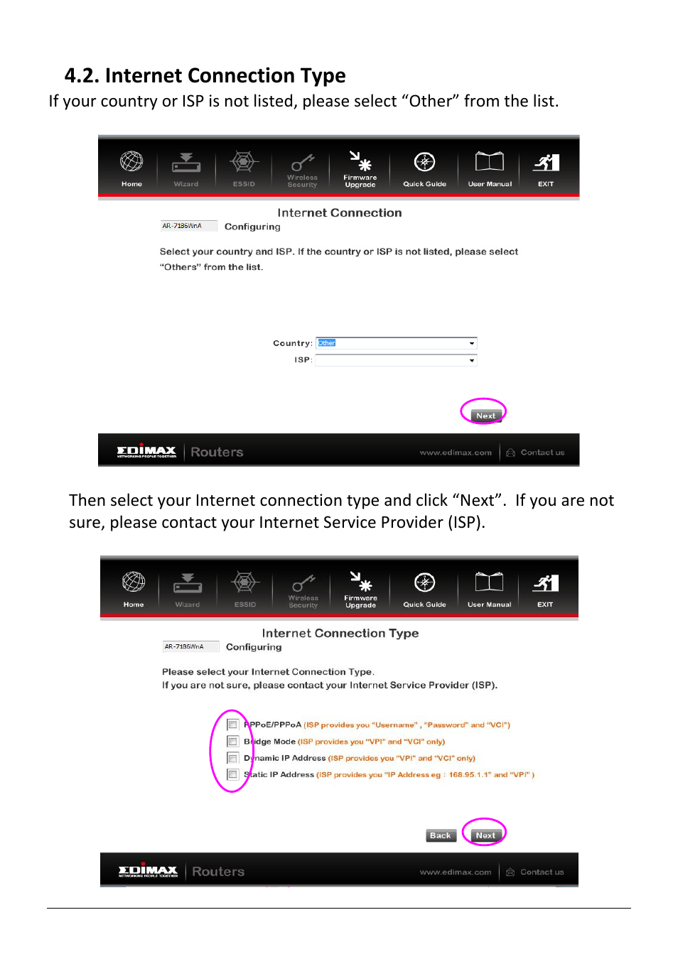 Nternet, Onnection, Internet connection type | Edimax Technology AR-7186WnB User Manual | Page 30 / 92