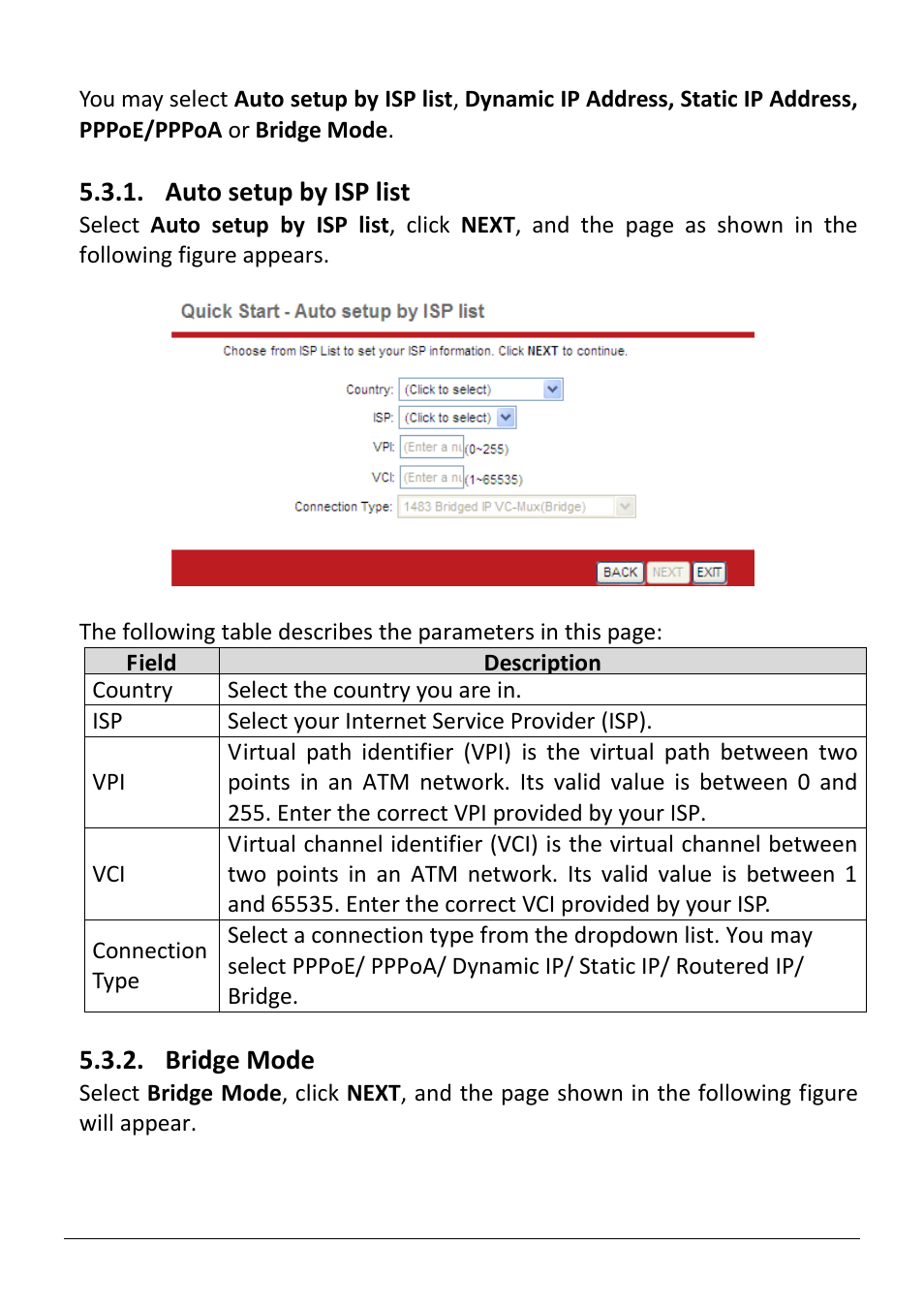 Auto setup by isp list, Bridge mode | Edimax Technology AR-7186WnB User Manual | Page 43 / 92