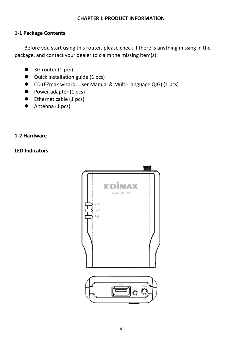Chapter i: product information, 1 package contents, 2 hardware | Edimax Technology 3G-6200nL V2 User Manual | Page 5 / 110
