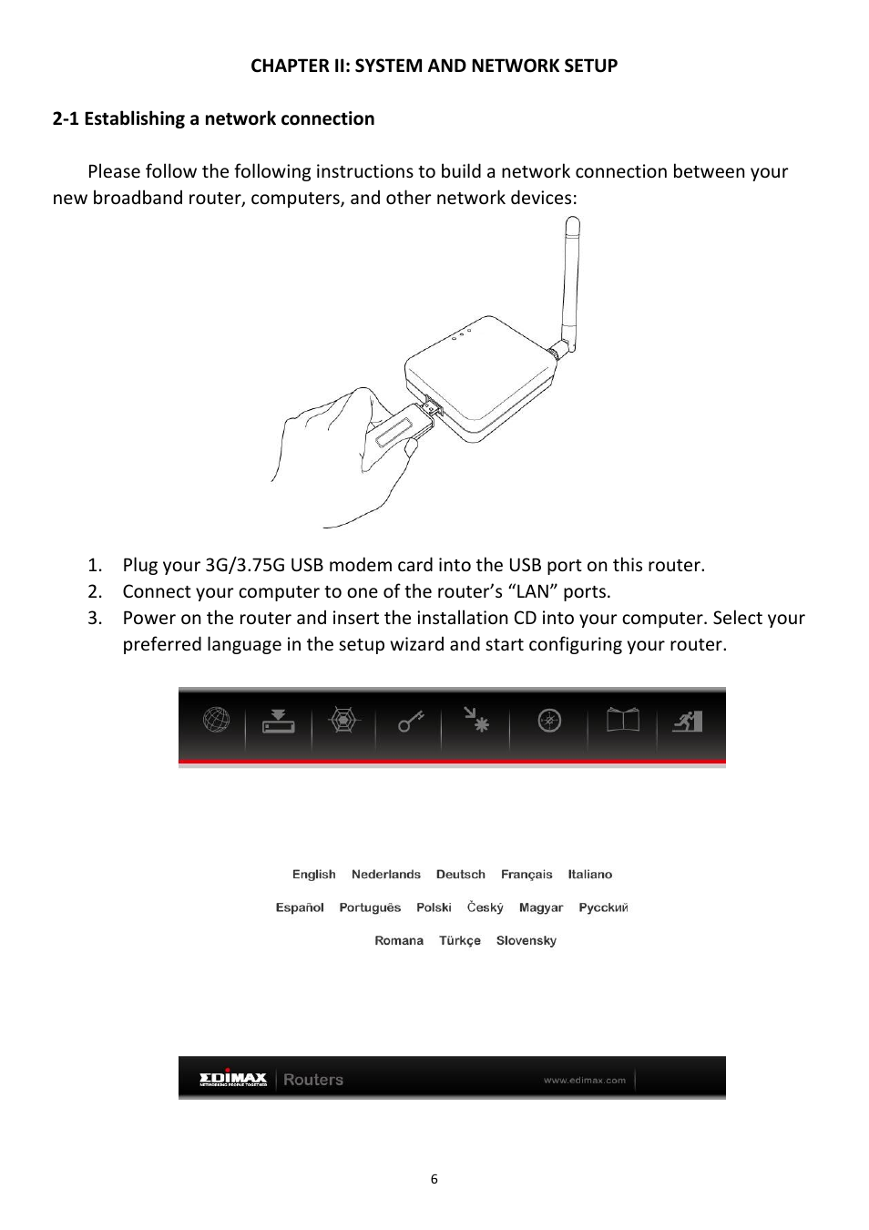 Chapter ii: system and network setup, 1 establishing a network connection | Edimax Technology 3G-6200nL V2 User Manual | Page 7 / 110