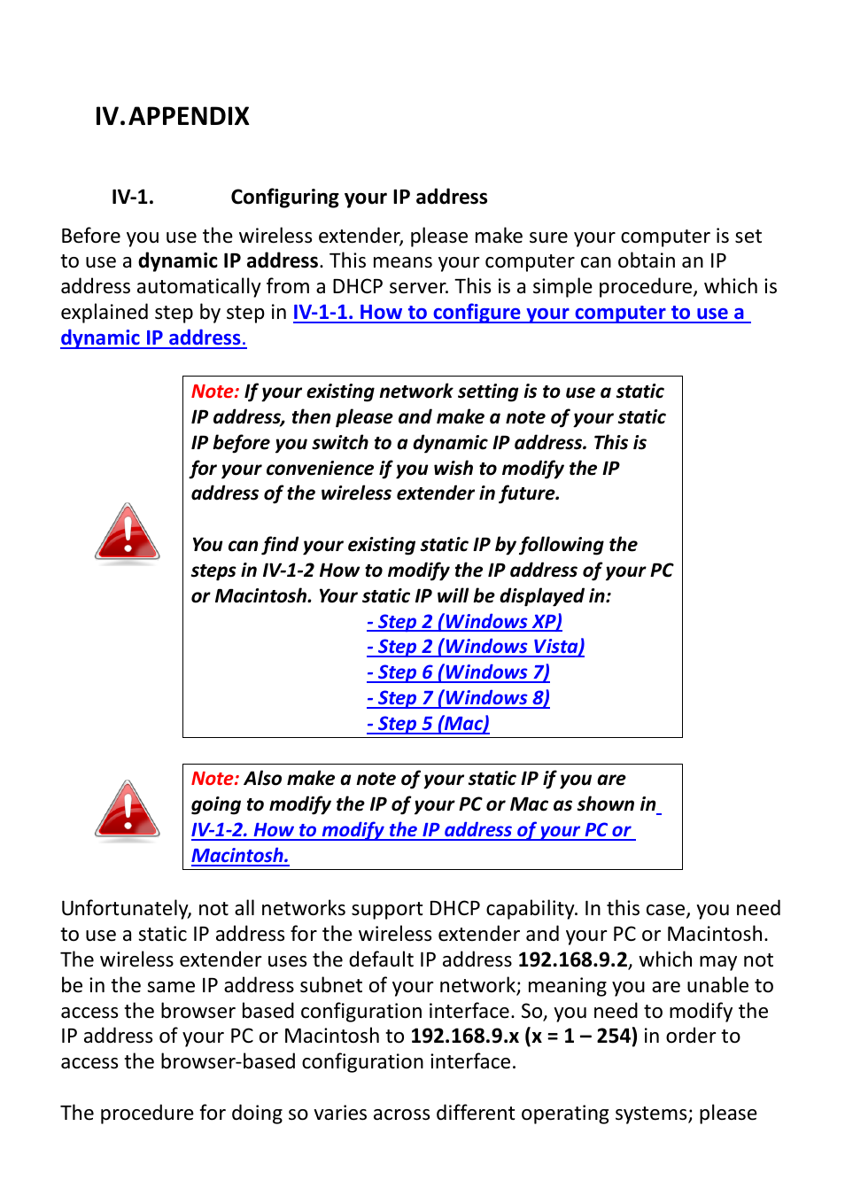 Iv. appendix, Iv-1, Configuring your ip address | Iv-1. configuring your ip address | Edimax Technology EW-7238RPD User Manual | Page 41 / 89