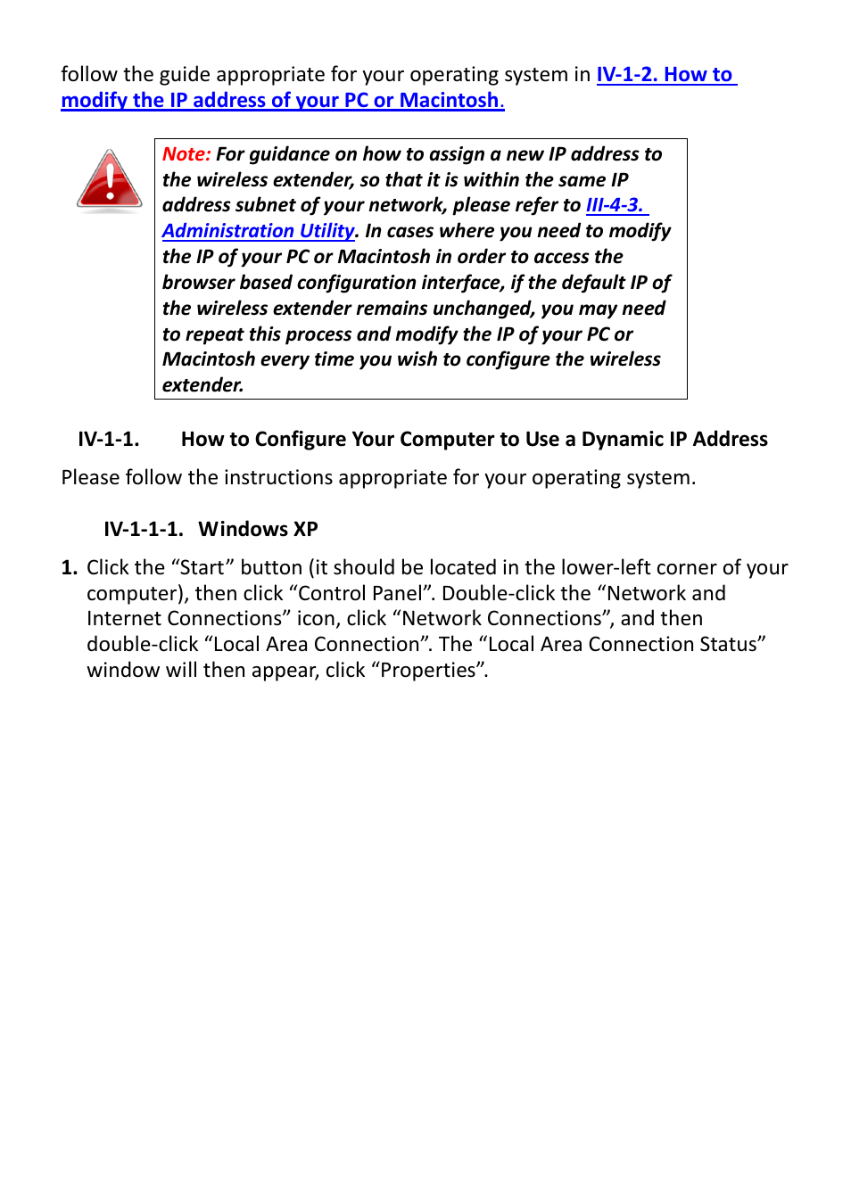 Iv-1-1, Iv-1-1-1, Windows xp | Iv-1-1. how to configure your computer to use a, Dynamic ip address | Edimax Technology EW-7238RPD User Manual | Page 42 / 89