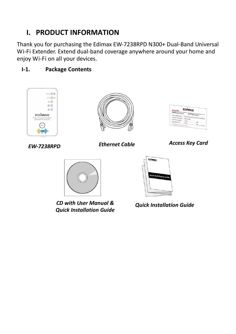 Product information, I-1. package contents, I. product information | Edimax Technology EW-7238RPD User Manual | Page 5 / 89