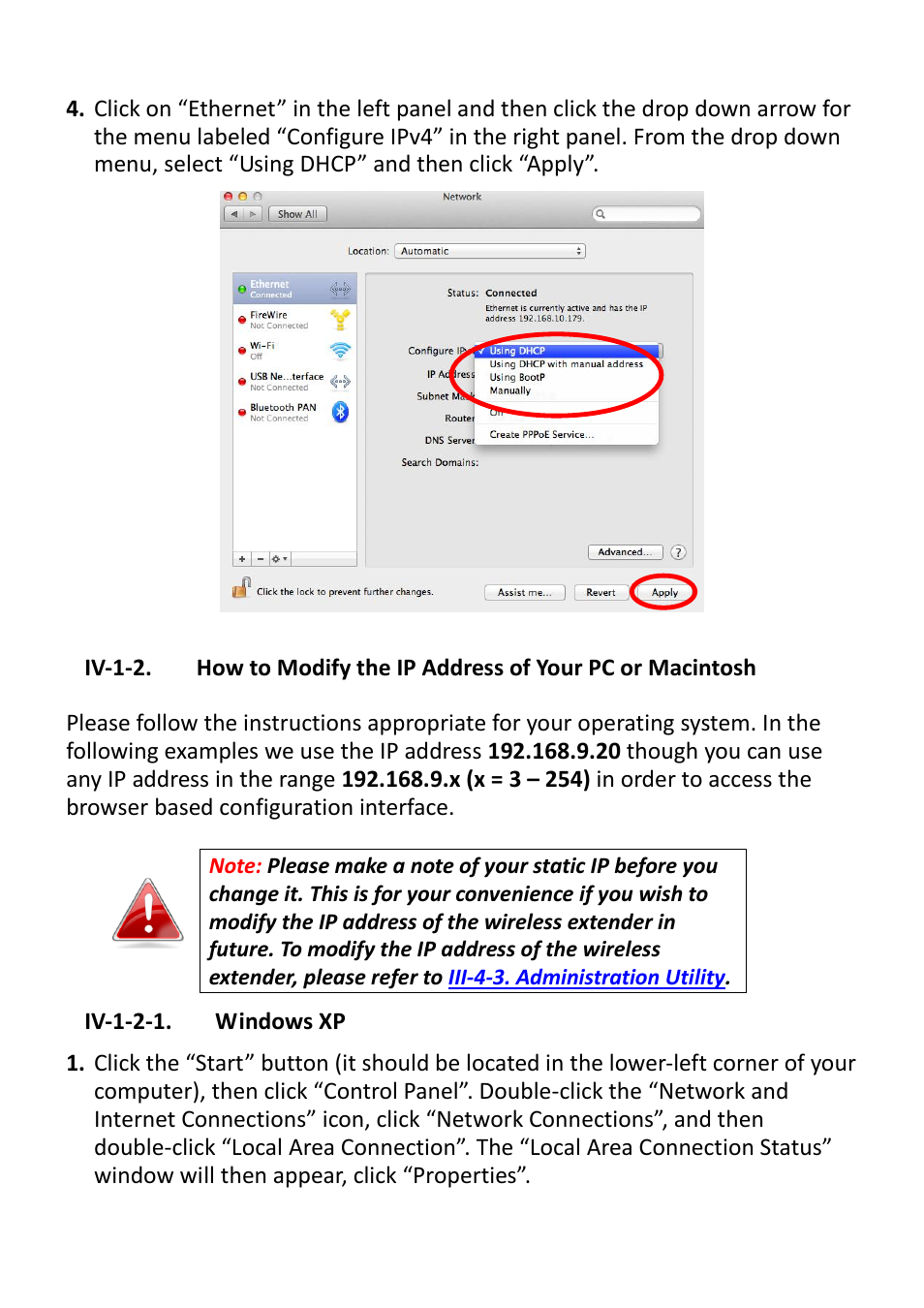 Iv-1-2, Iv-1-2-1. windows xp, Step 2 (windows xp) | Hown in, Iv-1-2. how to, Modify the ip address of your pc or macintosh | Edimax Technology EW-7238RPD User Manual | Page 53 / 89