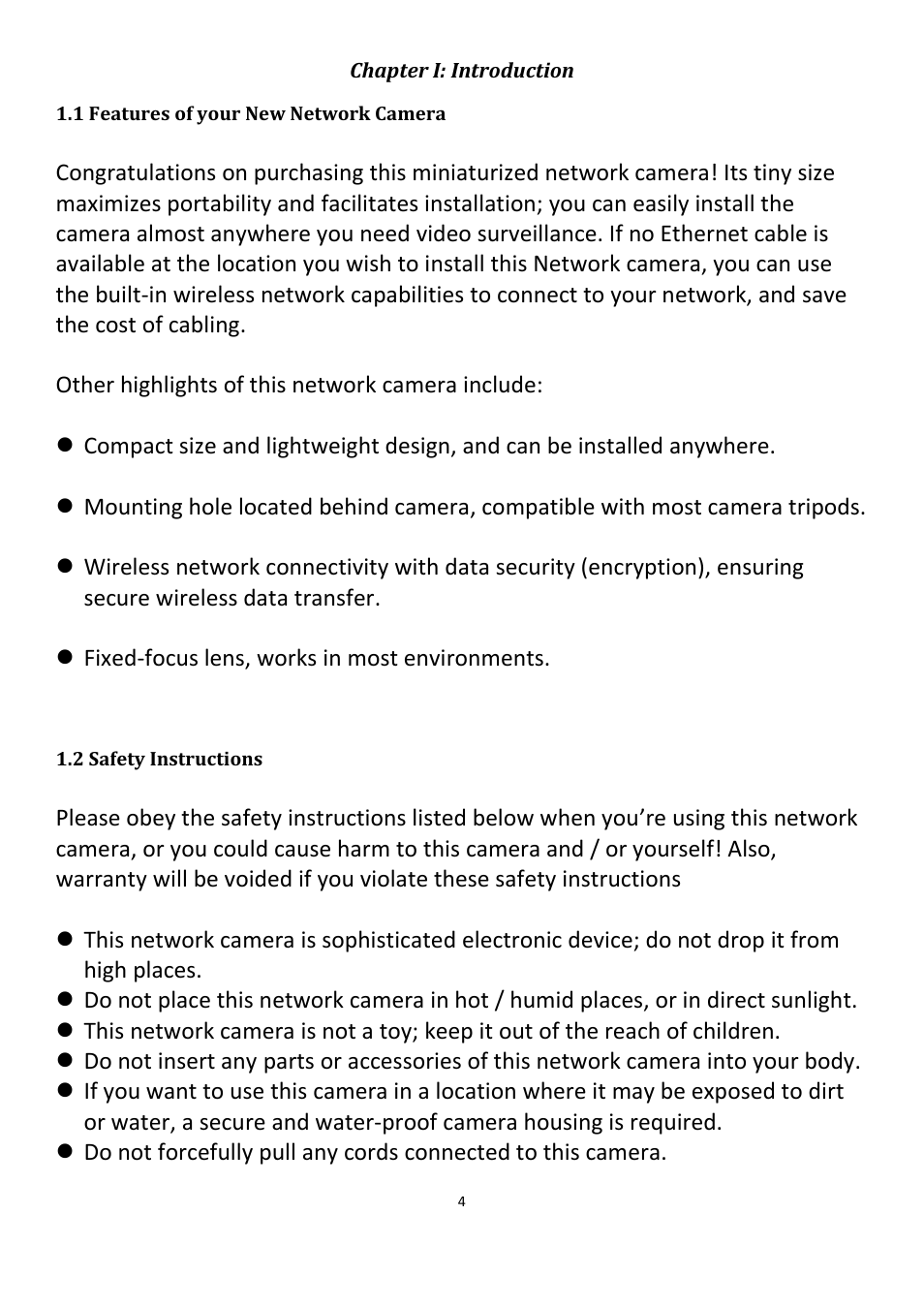 Chapter i: introduction, 1 features of your new network camera, 2 safety instructions | Edimax Technology IC-3115W User Manual | Page 5 / 150