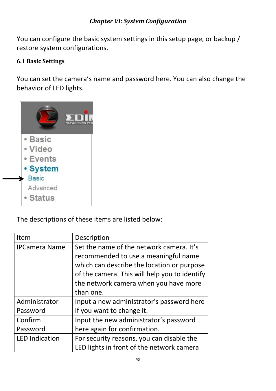 Chapter vi: system configuration, 1 basic settings | Edimax Technology IC-3115W User Manual | Page 50 / 150
