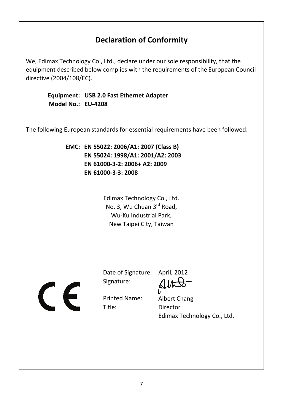 Declaration of conformity | Edimax Technology EU-4208 User Manual | Page 8 / 8