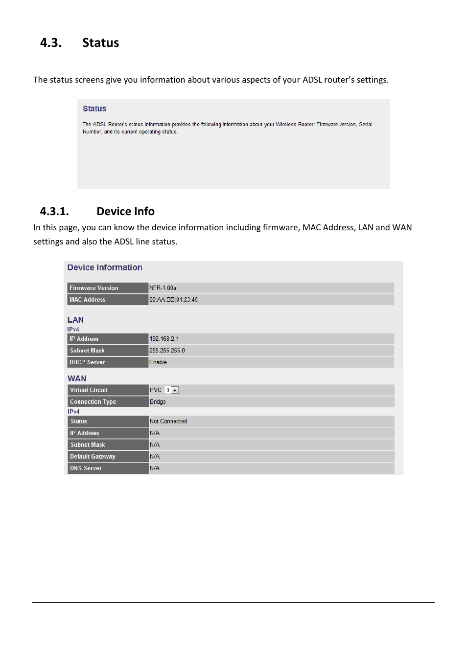 Tatus, Device info, Status | Edimax Technology AR-7267WnB User Manual | Page 50 / 58