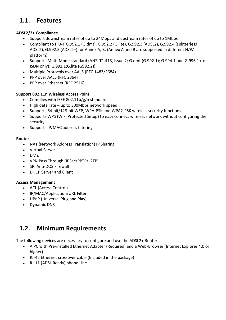 Eatures, Inimum, Equirements | Features, Minimum requirements | Edimax Technology AR-7267WnB User Manual | Page 6 / 58