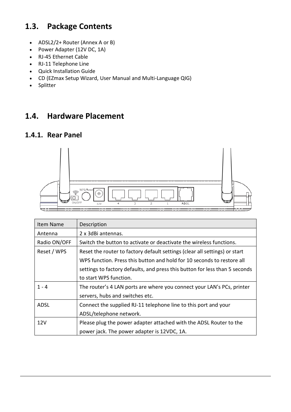 Ackage, Ontents, Ardware | Lacement, Rear panel, Package contents, Hardware placement | Edimax Technology AR-7267WnB User Manual | Page 7 / 58