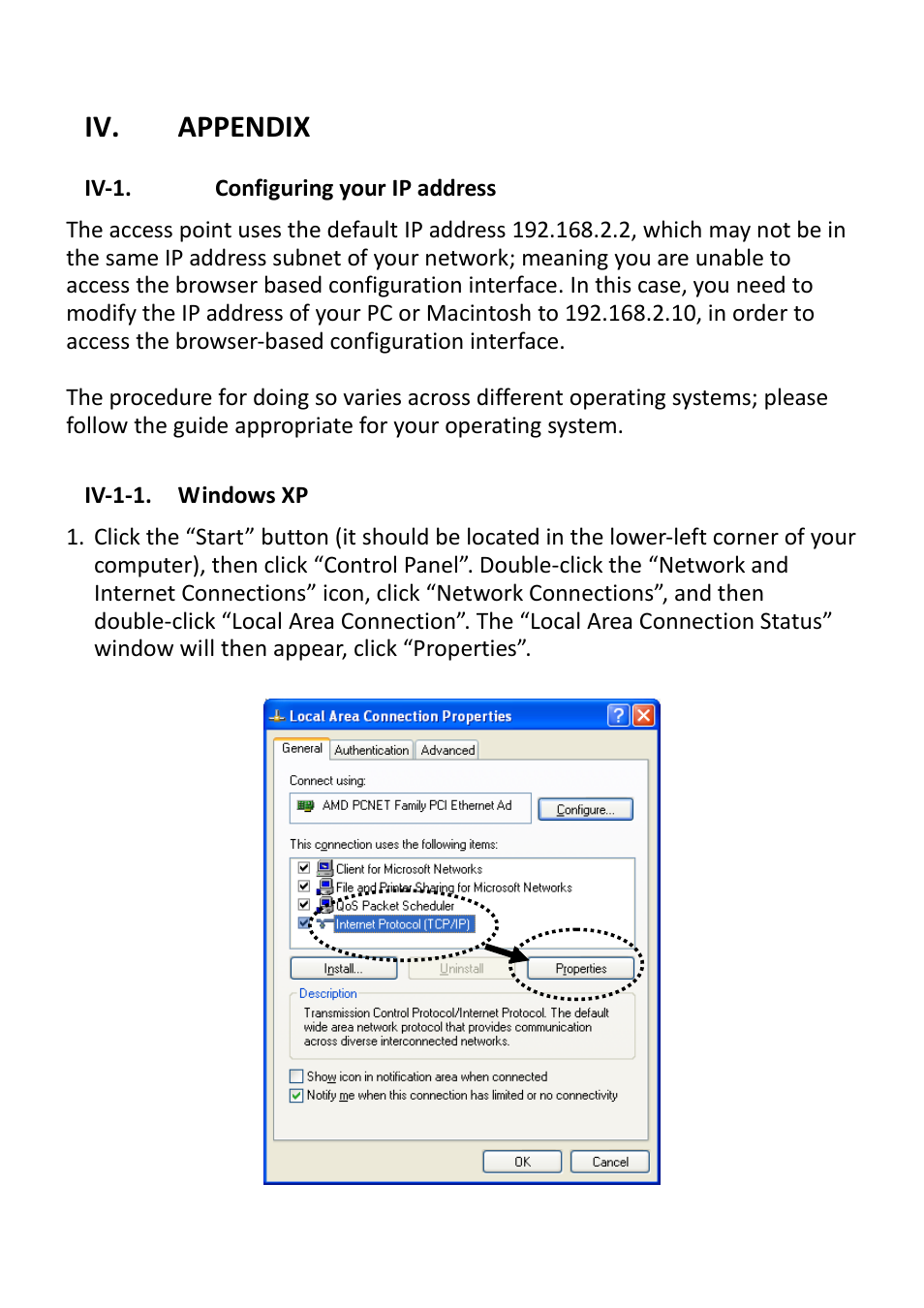 Iv. appendix, Iv-1. configuring your ip address, Iv-1-1. windows xp | Edimax Technology EW-7428HCn User Manual | Page 76 / 92