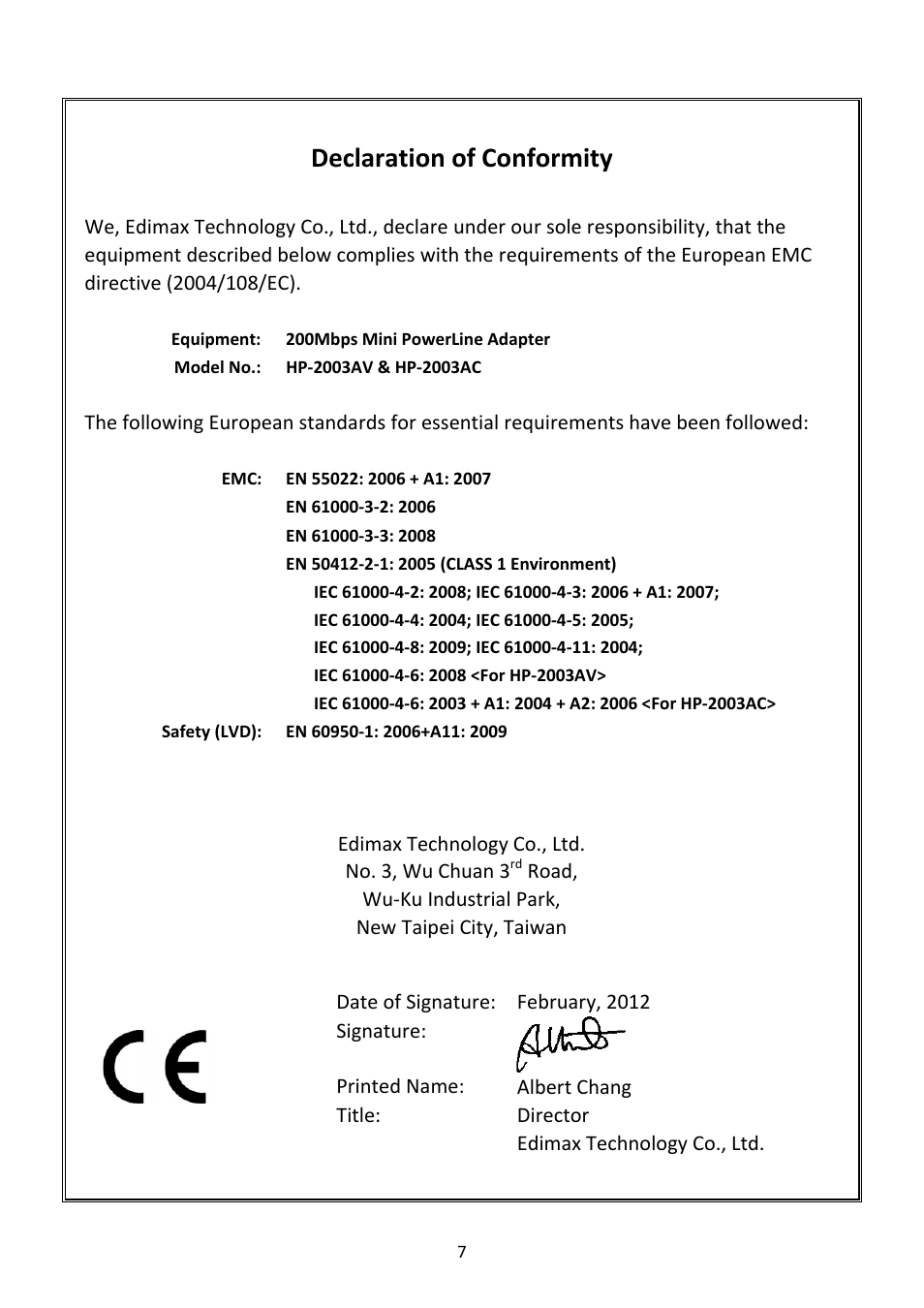 Declaration of conformity | Edimax Technology HP-2003AV User Manual | Page 8 / 8