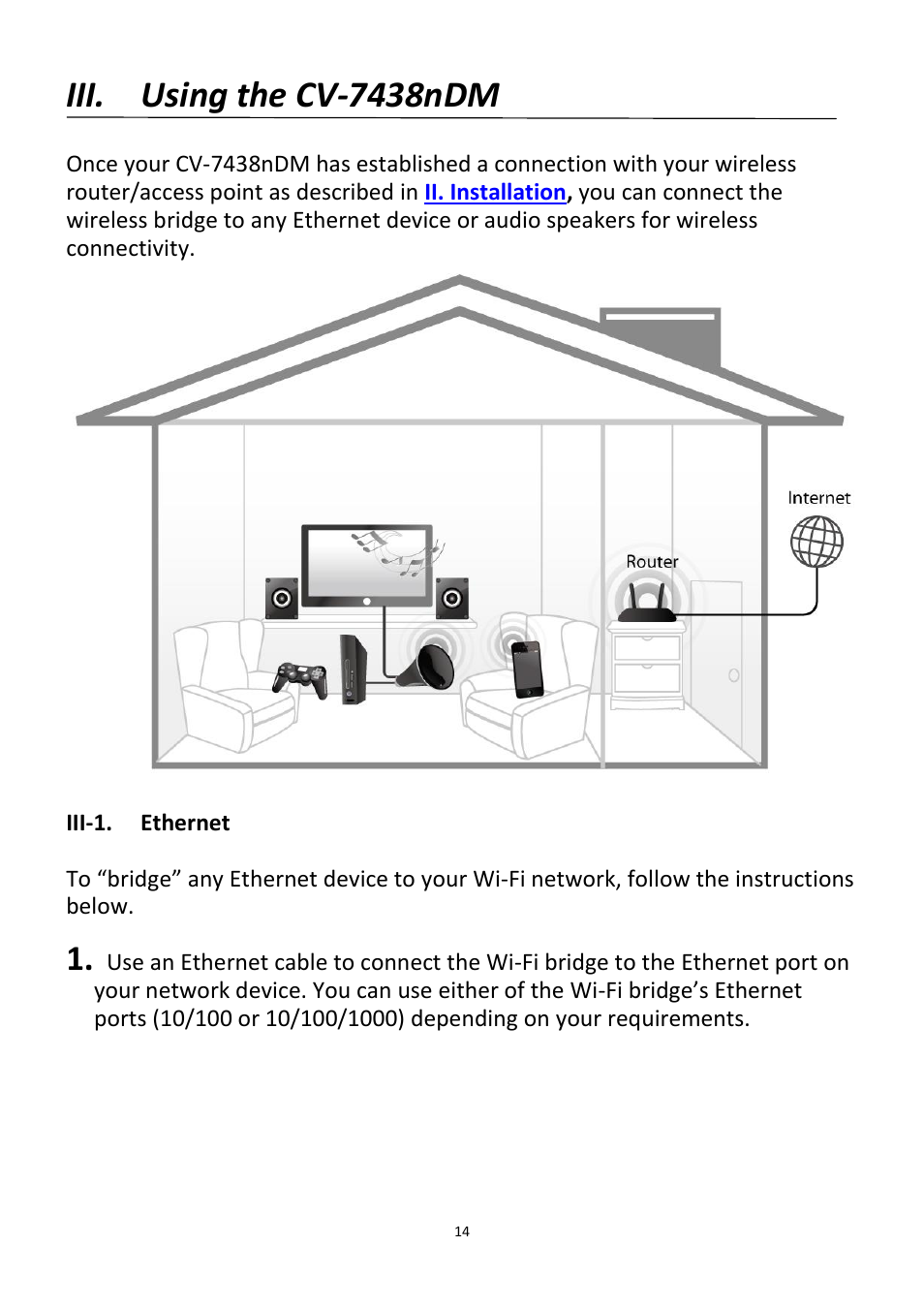 Using the cv-7438ndm, Iii-1, Ethernet | Iii. using the cv-7438ndm | Edimax Technology CV-7438nDM User Manual | Page 14 / 89