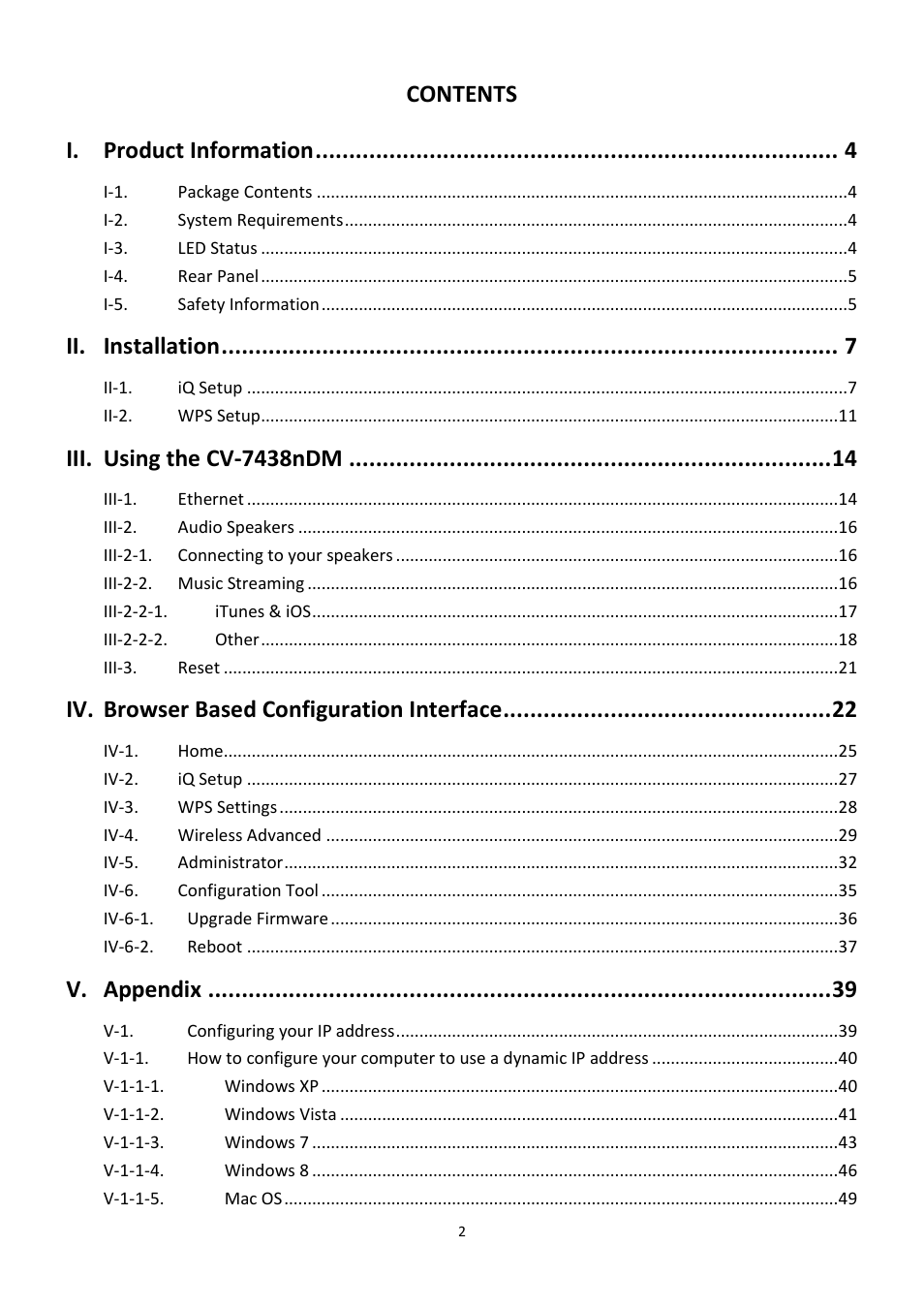 Contents i, Product information, Installation | Using the cv-7438ndm, Browser based configuration interface, Appendix | Edimax Technology CV-7438nDM User Manual | Page 2 / 89