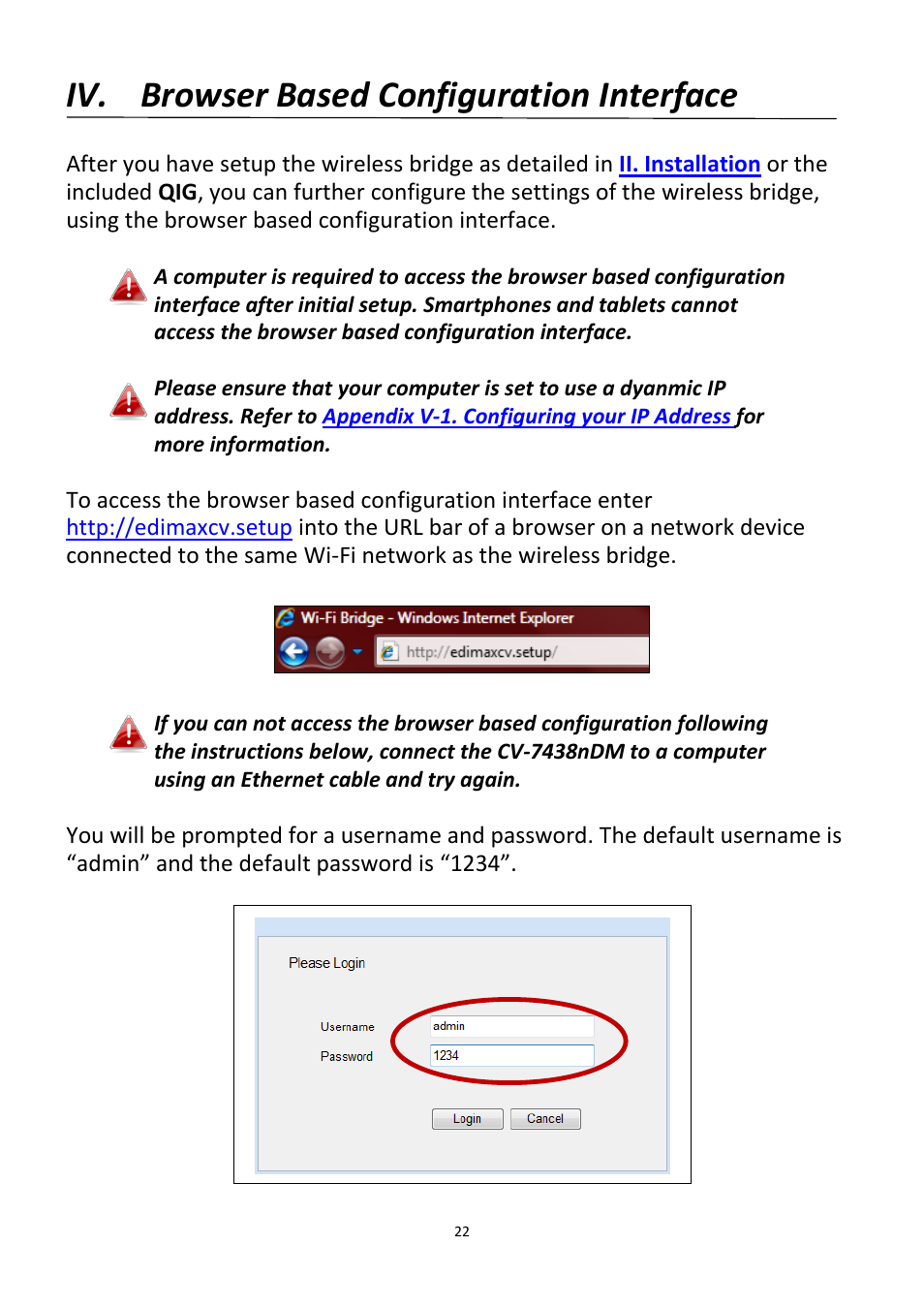 Browser based configuration interface, Iv. browser based configuration interface | Edimax Technology CV-7438nDM User Manual | Page 22 / 89