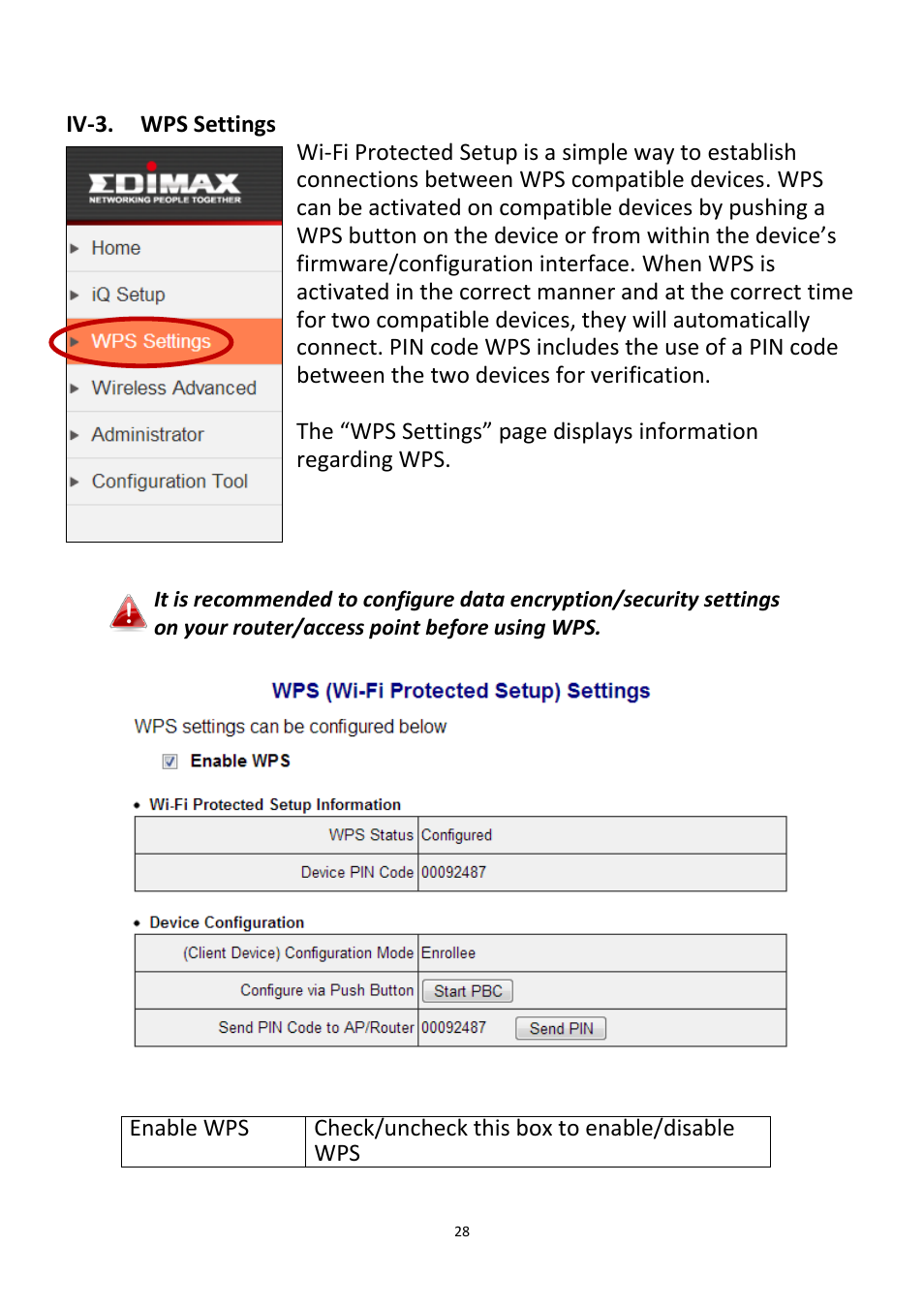 Iv-3, Wps settings | Edimax Technology CV-7438nDM User Manual | Page 28 / 89