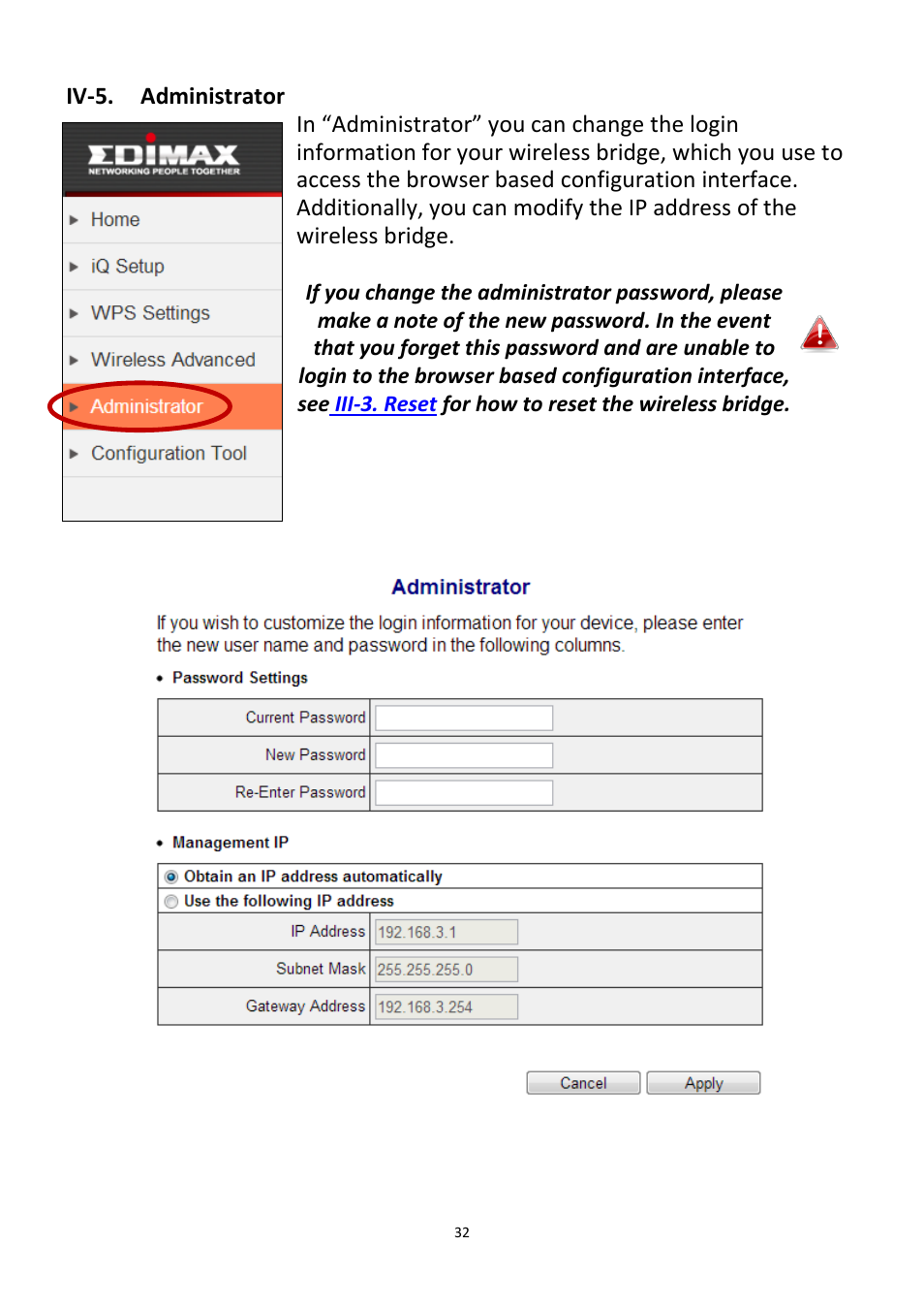Iv-5, Administrator | Edimax Technology CV-7438nDM User Manual | Page 32 / 89