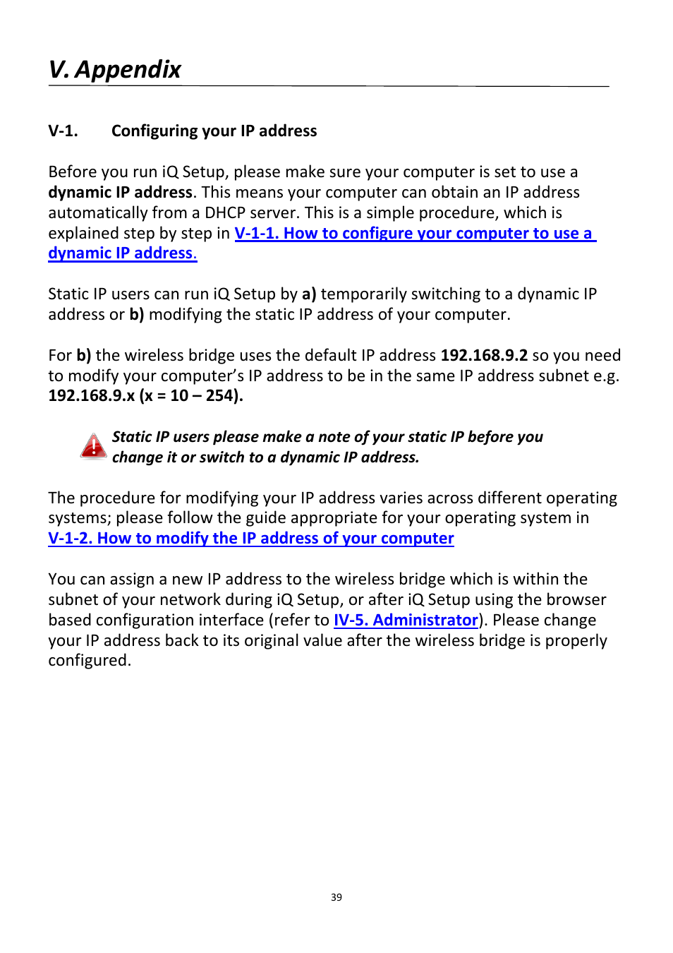Appendix, Configuring your ip address, Appendix v-1. configuring your ip address | V. appendix | Edimax Technology CV-7438nDM User Manual | Page 39 / 89