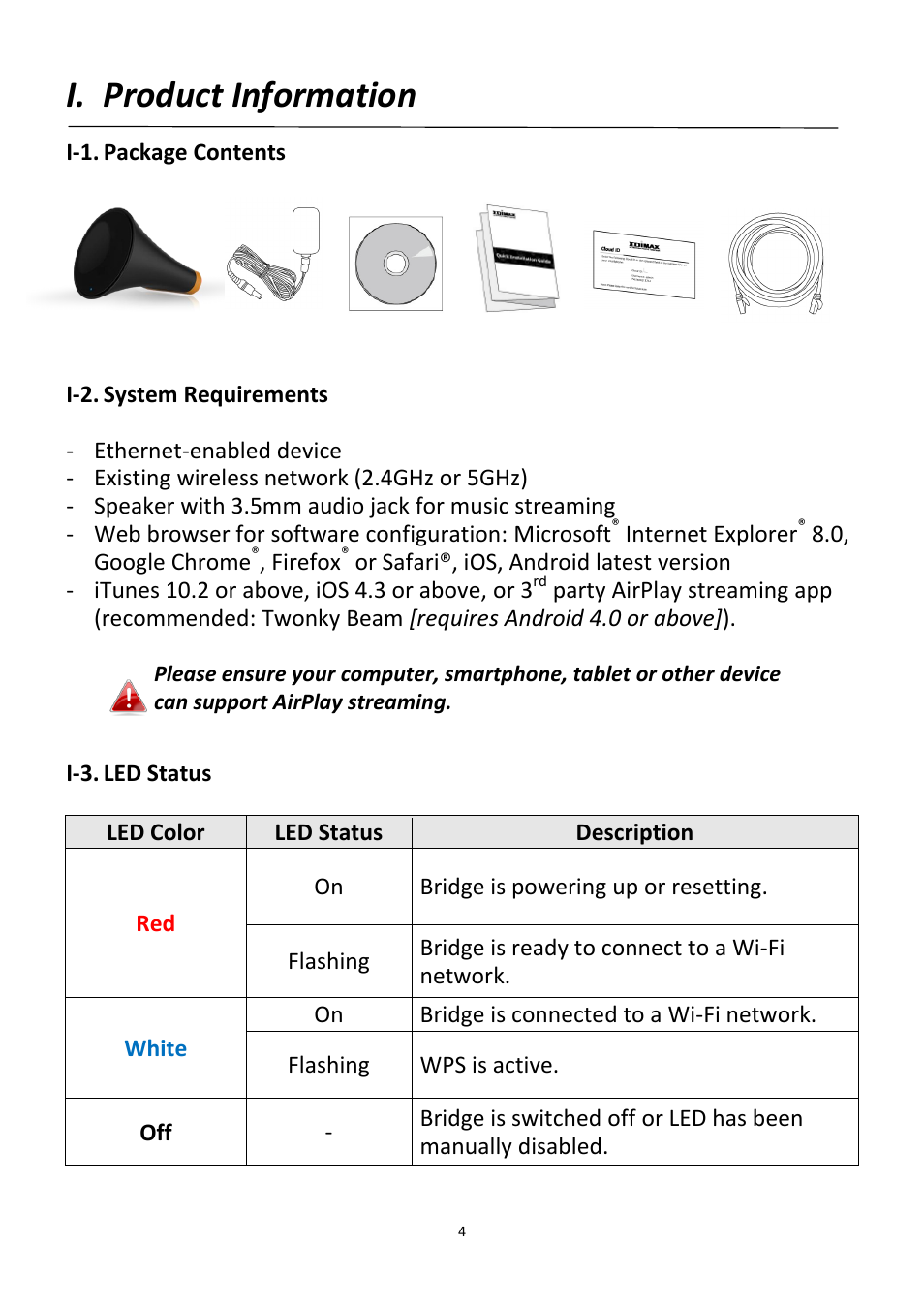 Product information, Package contents, System requirements | Led status, I. product information | Edimax Technology CV-7438nDM User Manual | Page 4 / 89