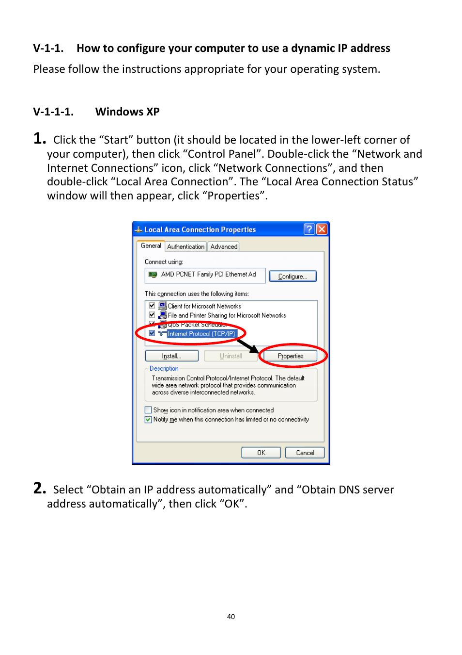 V-1-1, V-1-1-1, Windows xp | V-1-1. how to configure your computer to use a, Dynamic ip address | Edimax Technology CV-7438nDM User Manual | Page 40 / 89